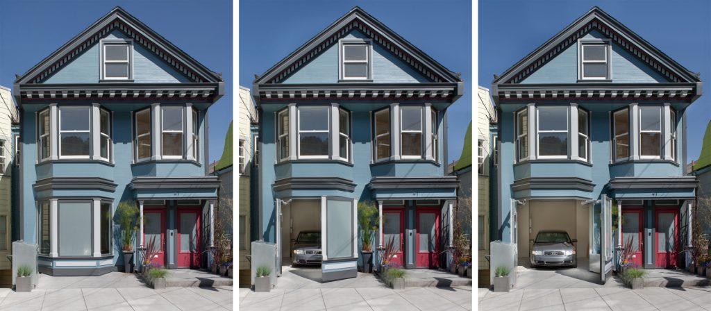An innovative garage door made from a bay window maintains the original Queen Anne facade on Mirabel Street, San Francisco