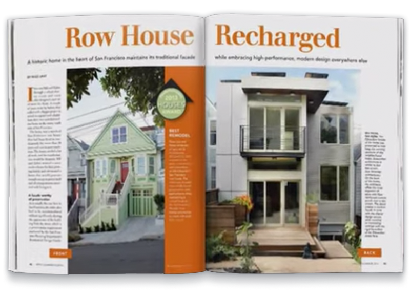 Row House Recharged --- comp of Fine Homebuilding magazine featuring a two-page spread about the self-powering home
